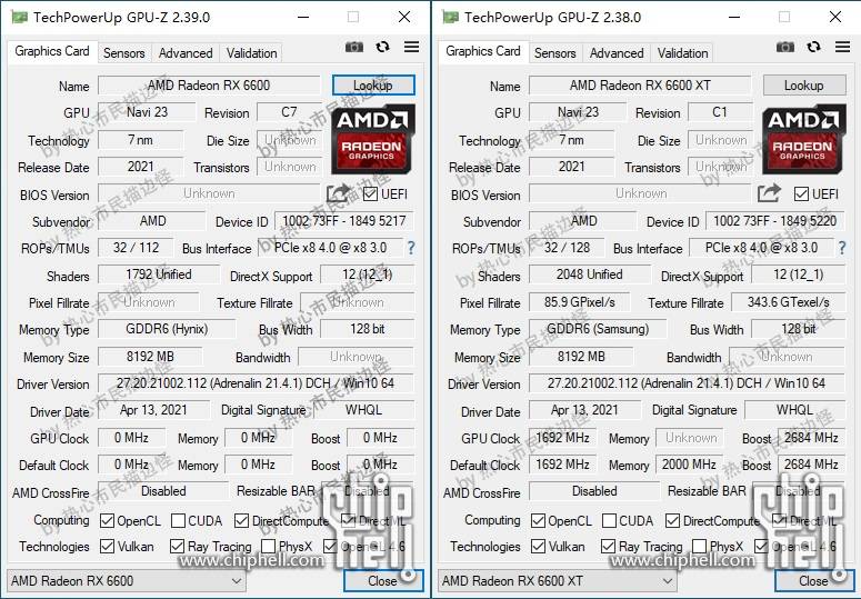 Screenshots showing the spec for the AMD 6600 and 6600XT, respectively.