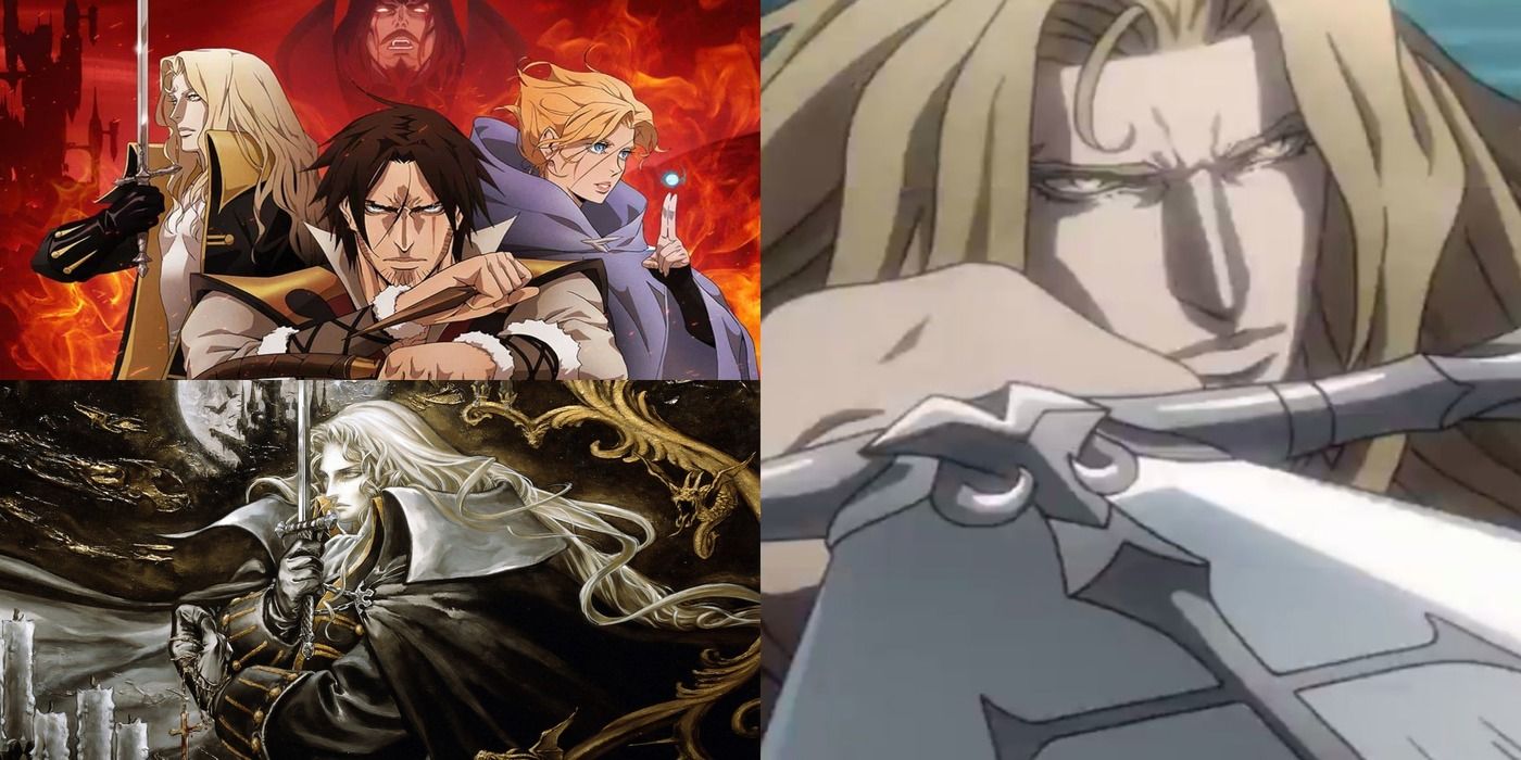 Alucard split image, close up with sword hilt, with Sypha and Trevor, image from the games