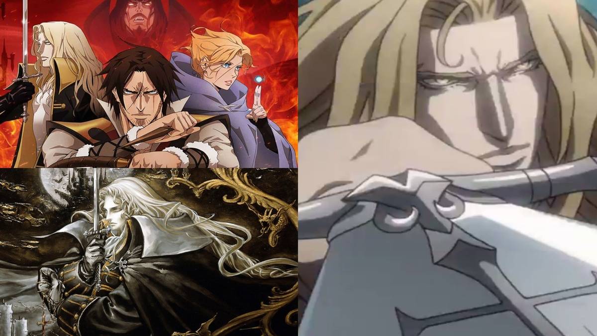 Alucard split image, close up with sword hilt, with Sypha and Trevor, image from the games