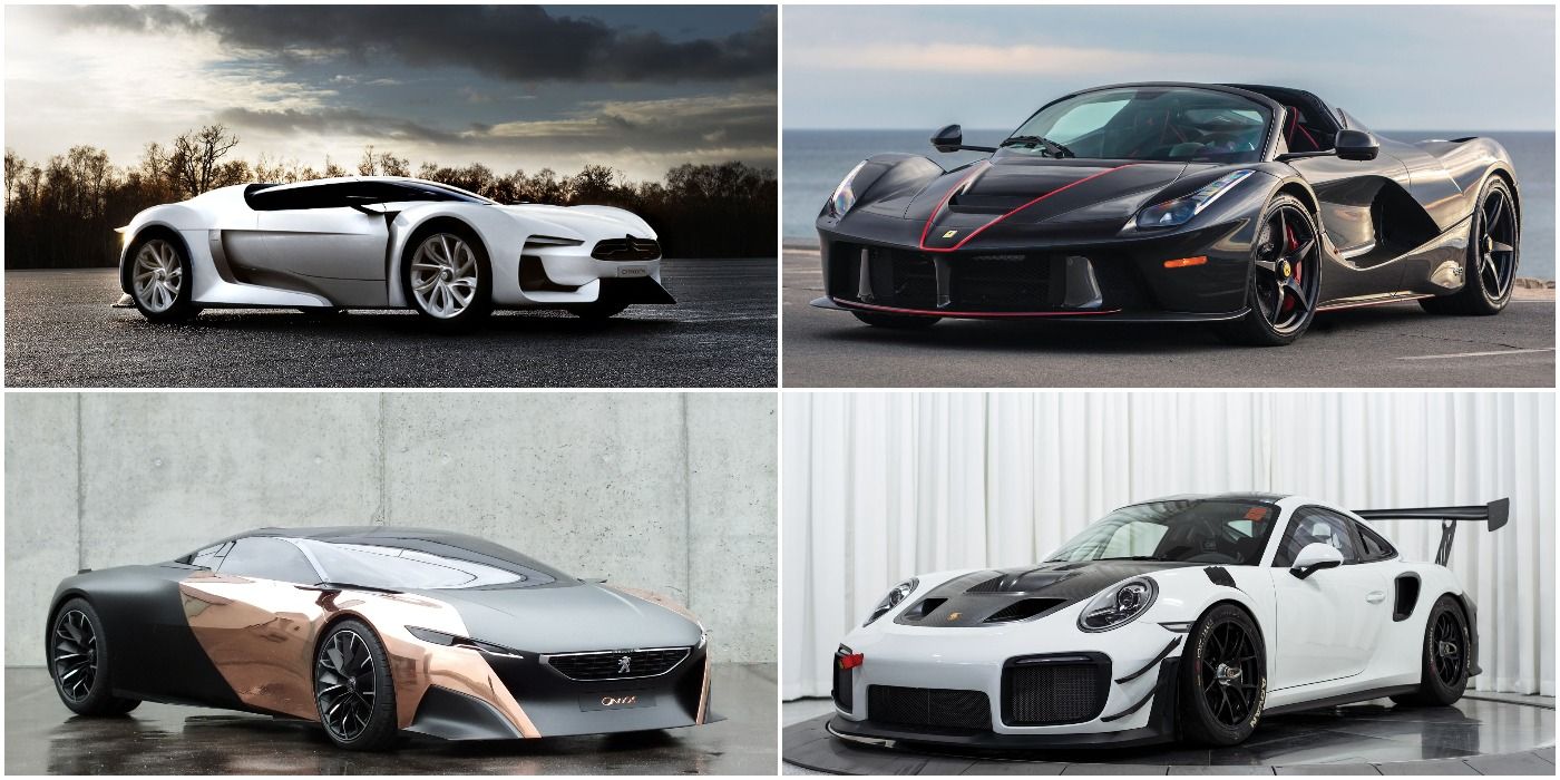 Collage of Cireon GT (top right), Ferraro LaFerrari Aperta, (top left), Peugeot Onyx (bottom right), and Porsche 911 GT2 RS Clubsport, (bottom right)