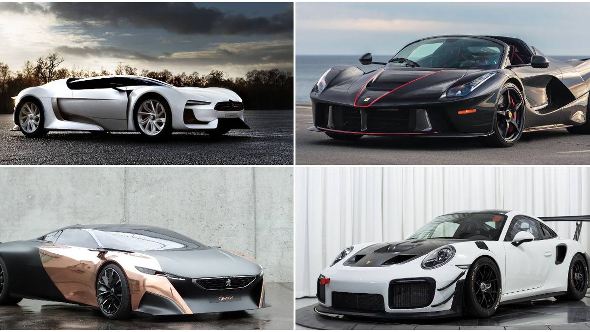 Collage of Cireon GT (top right), Ferraro LaFerrari Aperta, (top left), Peugeot Onyx (bottom right), and Porsche 911 GT2 RS Clubsport, (bottom right)