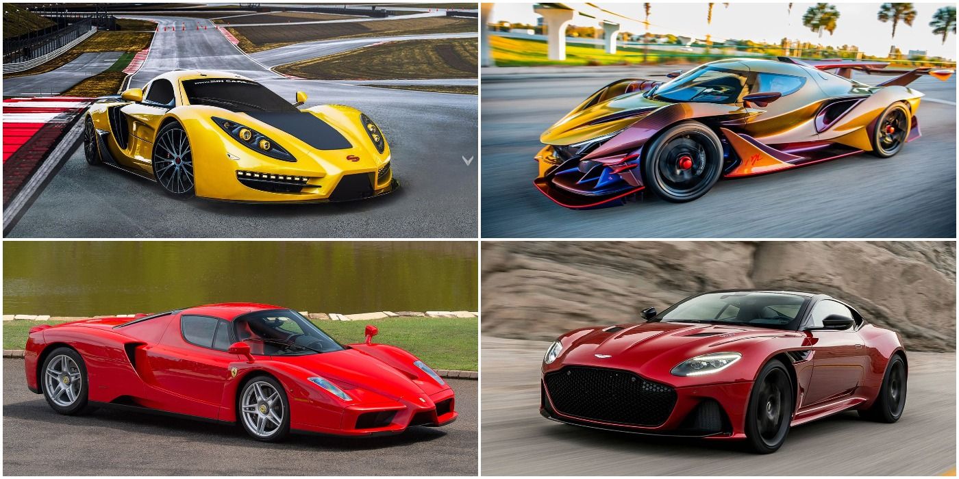 Collage of Sin R1 550 (top right), Apollo IE (top right), Ferrari Enzo (bottom left), Aston Martin DBS Superleggera (bottom right).