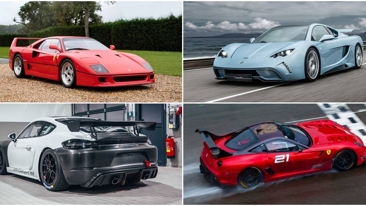 Collage of Ferrari F40 (top left), Vencer Sarthe (top right), Porsche 718 Cayman GT4 Clubsport (bottom left), and Ferrari 599XX Evo (bottom right).