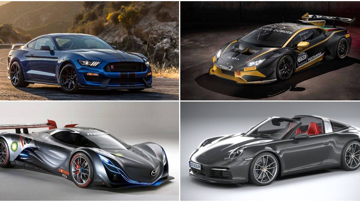 Collage of Ford Shelby GT350R, Lamborghini Huracan Super Trofeo Evo, Mazda Furai, Porsche 911 Targa 4S