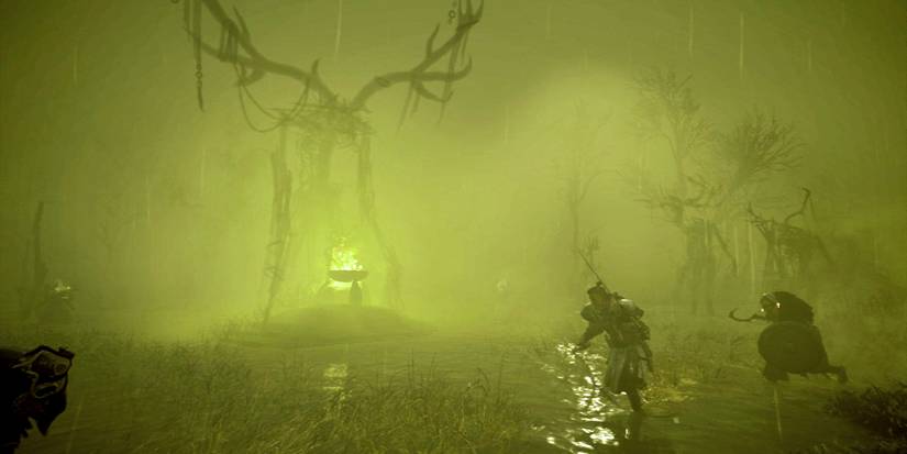 eivor fighting druids in a foggy swamp.