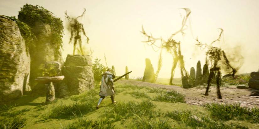 eivor about to fight druids in a trial of morrigan in the meath region.