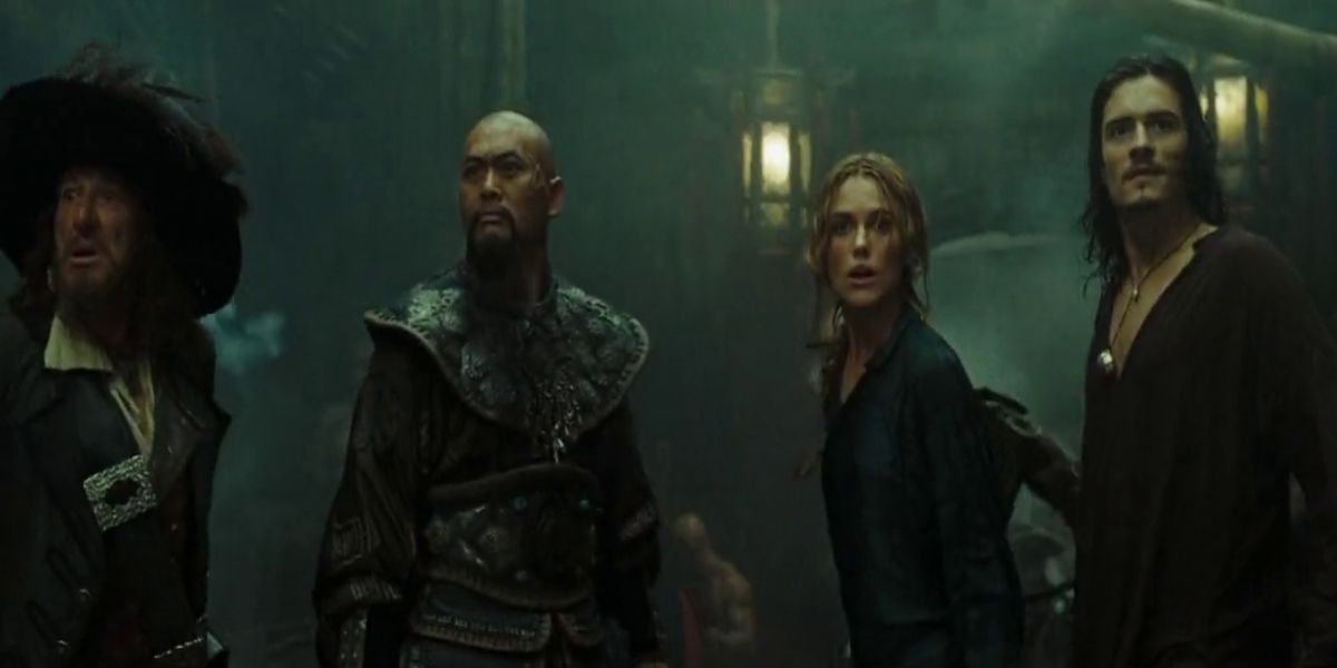 Barbossa, Sao feng, Elizabeth and William facing down the royal navy