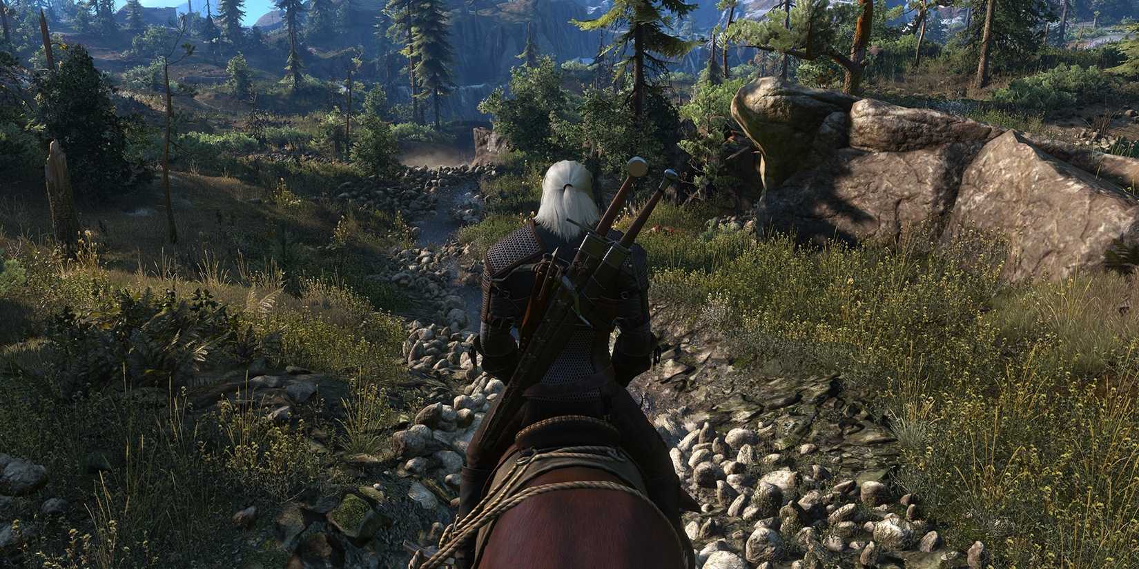Geralt Riding Roach Along A Path From The Witcher 3