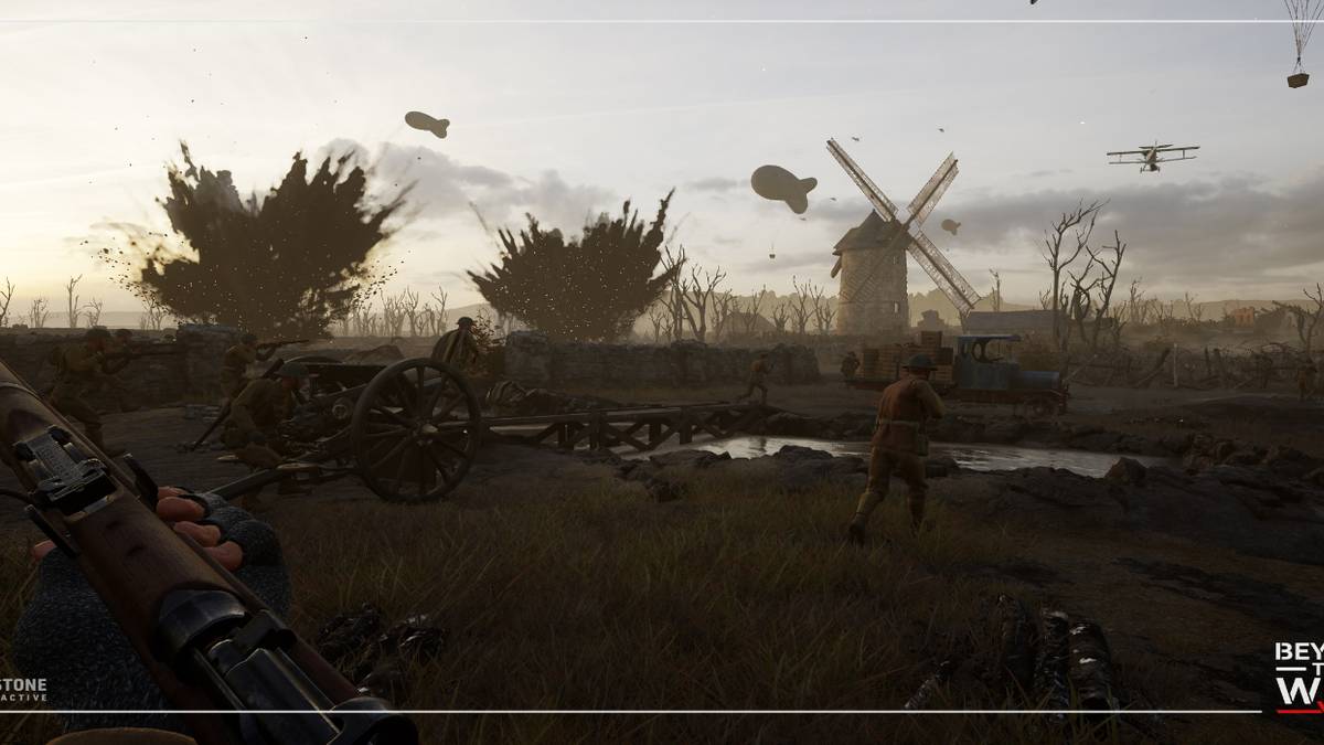 Soldiers run through artillery strikes