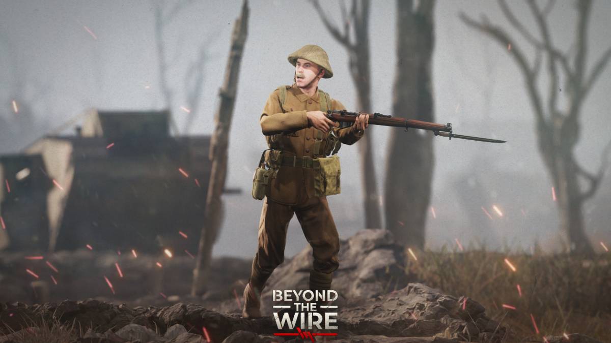 Soldier runs across the battlefield while looking behind himself