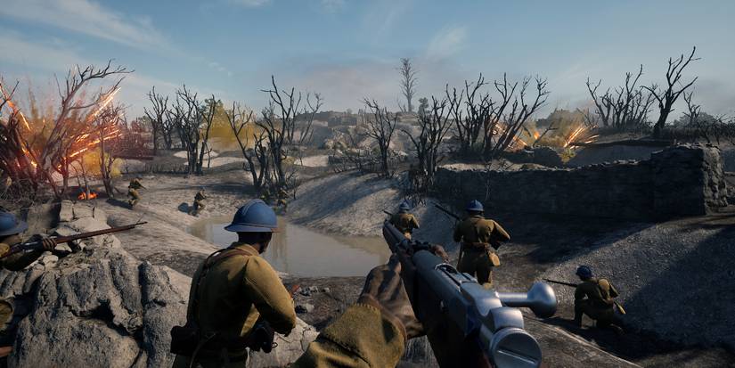 Soldiers run towards a battlefield covered in gas