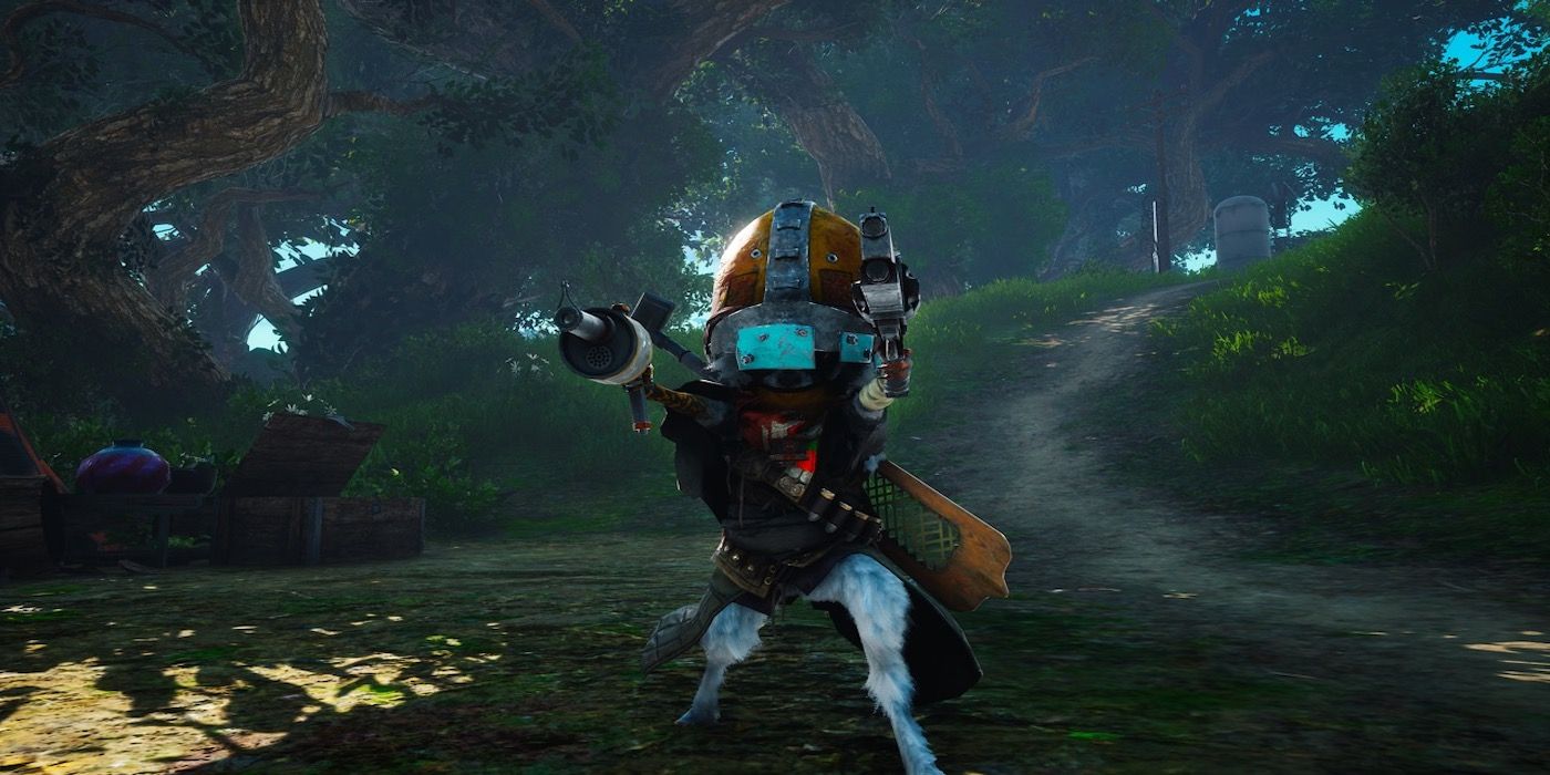 Your character decked out in gear from Biomutant