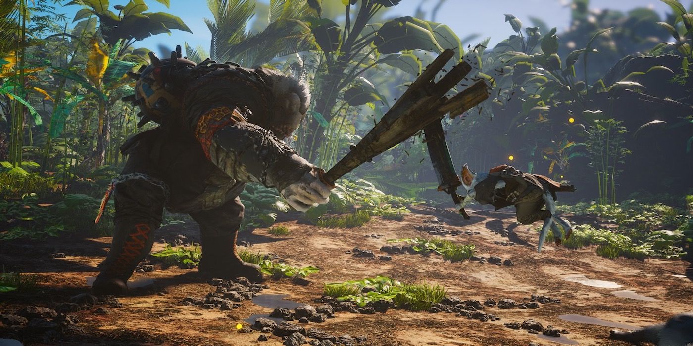 Your character in a fight from Biomutant