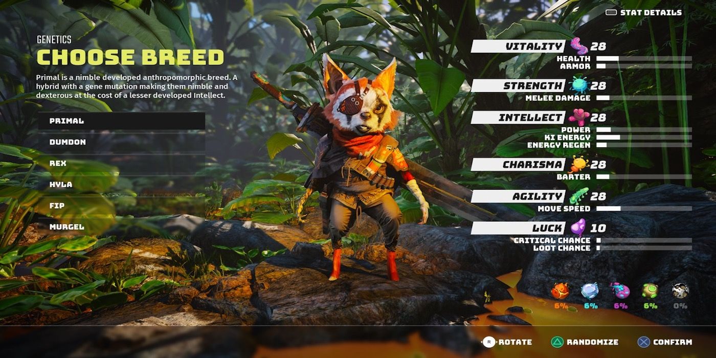The character customization menu from Biomutant