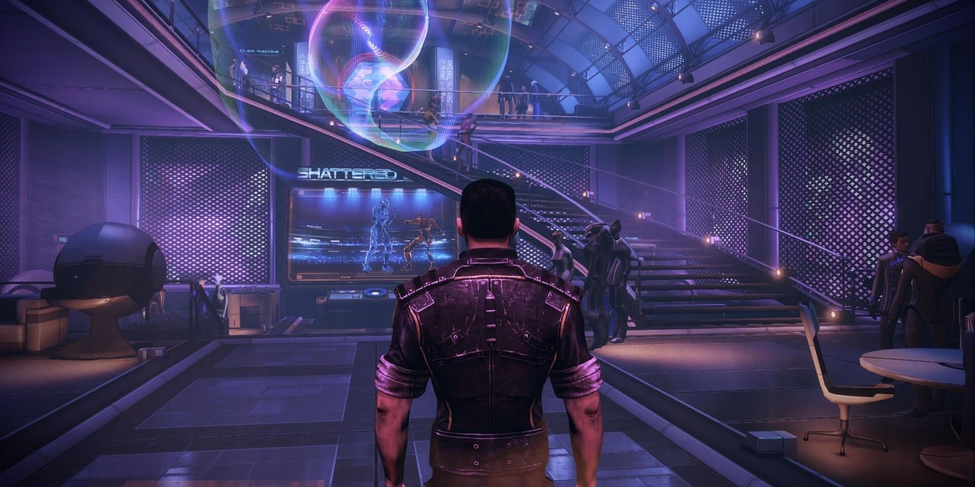 Shepard enters a well-lit bar in the Mass Effect Legendary Edition