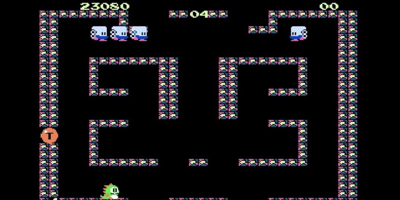 Bubble Bobble NES starting screen with falling robot enemies