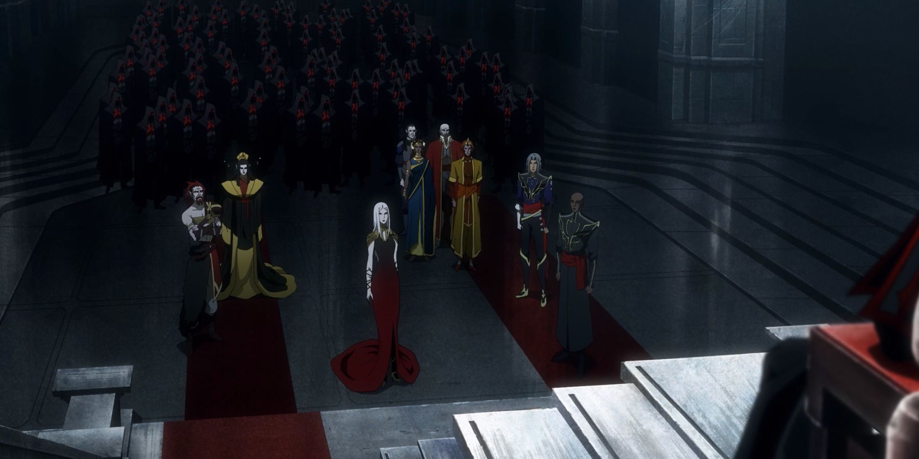 Castlevania Netflix Dracula's Army and Generals standing before his throne