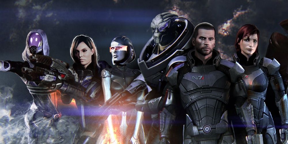 The squad stands with two versions of Shepard in Mass Effect