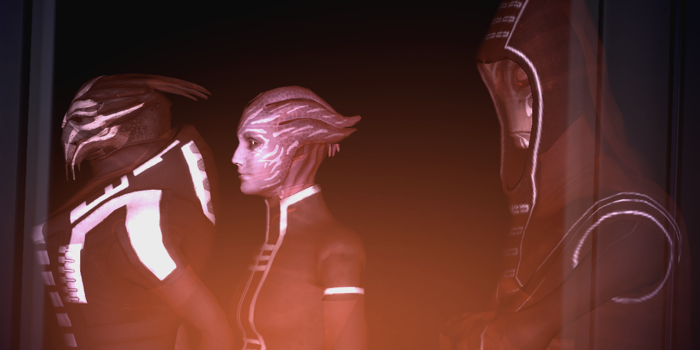 The Citadel Council appears via hologram in Mass Effect