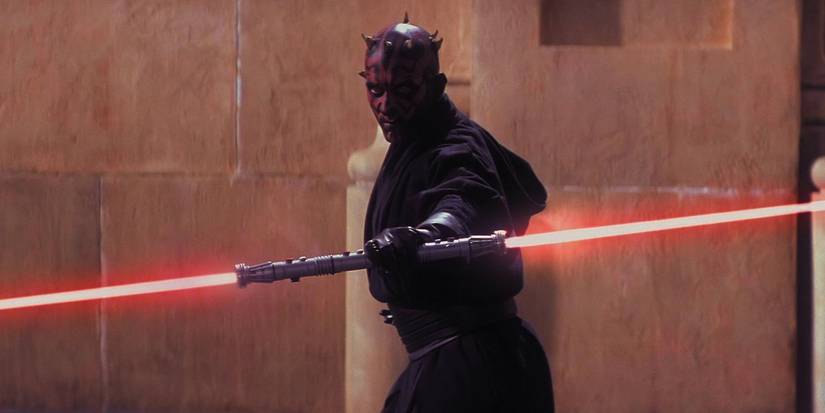 Darth Maul ignites his lightsaber on Naboo in The Phantom Menace