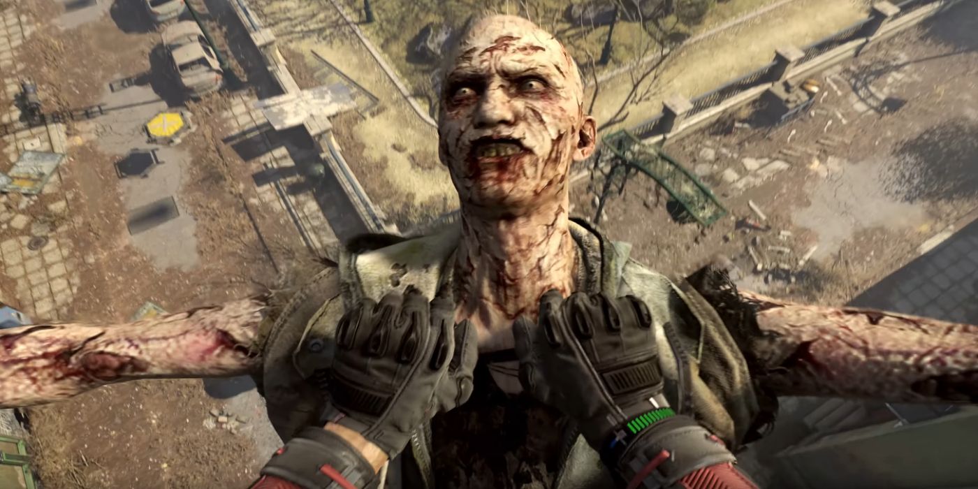 The player jumps off a roof, using a zombie to soften the landing in front
