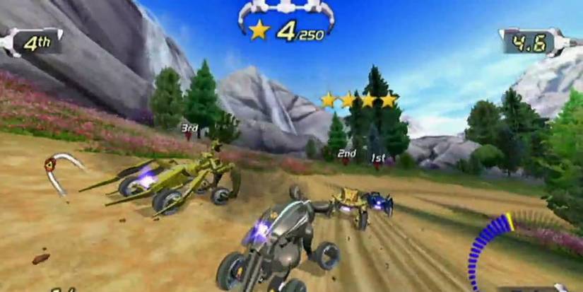 Excitebots Trick Racing rounding turn 4 stars