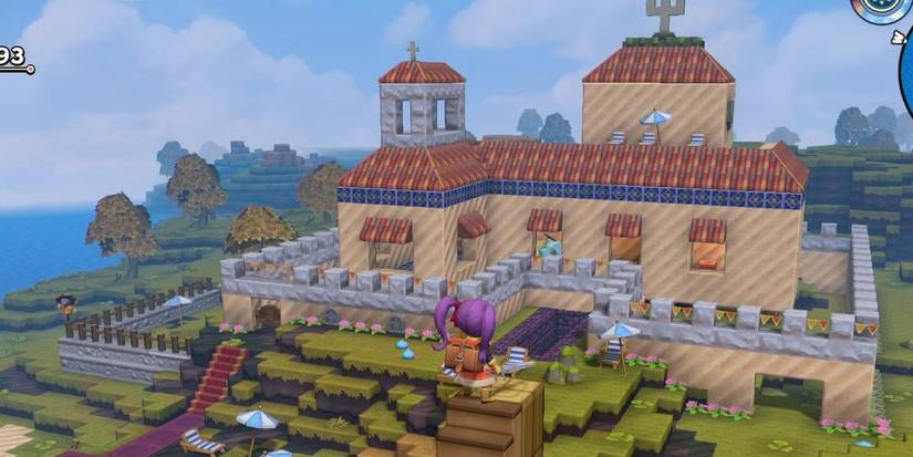 The player looks out at their base in Dragon Quest Builders 2