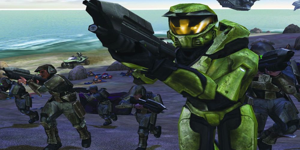 Master Chief on a Beach with Fellow Marines