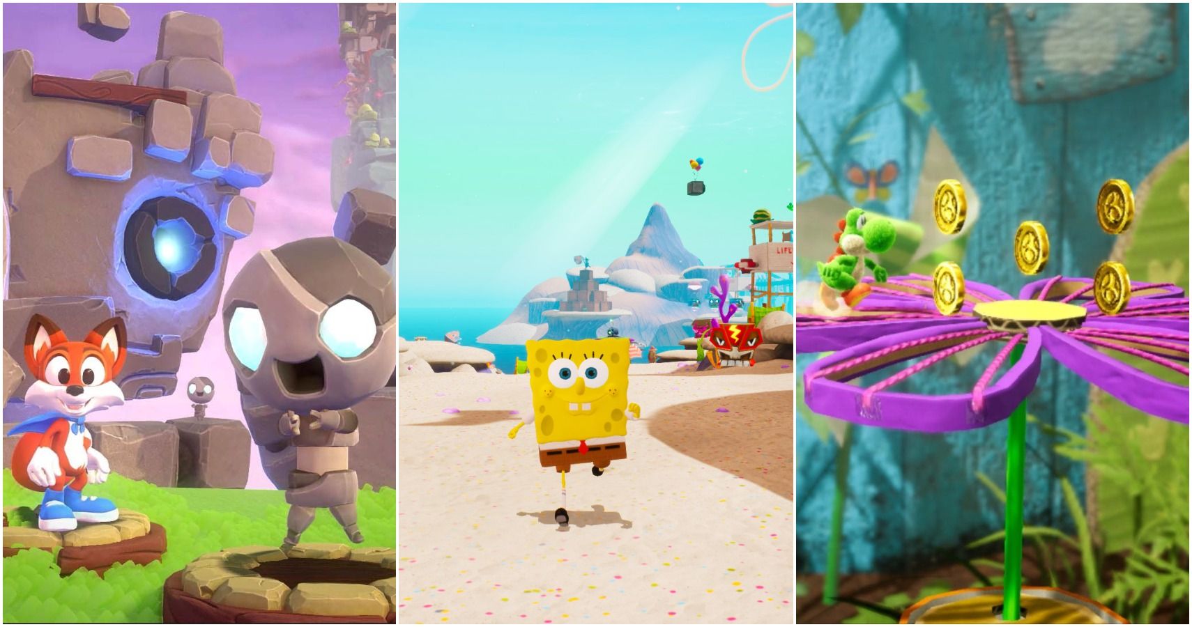 Images from Super Lucky's Tale, Battle For Bikini Bottom, and Yoshi's Crafted World