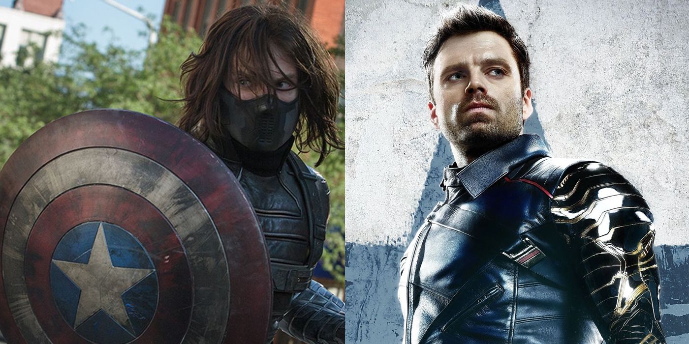 Man holding captain america's shield (left), and the Winter Soldier (right)