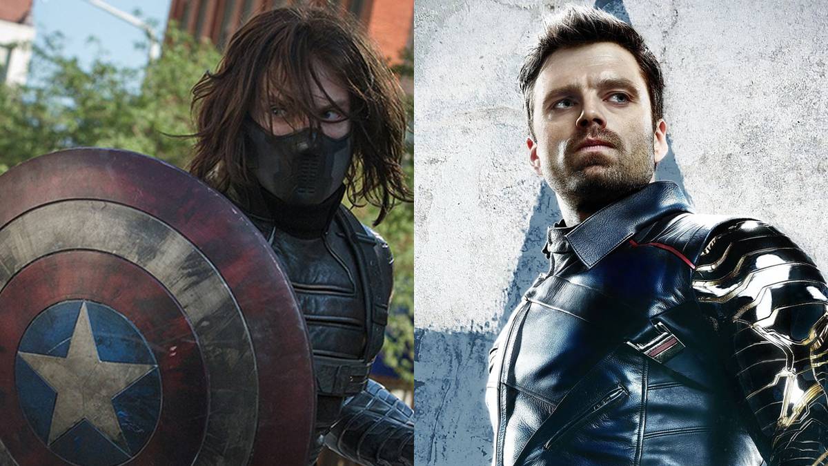 Man holding captain america's shield (left), and the Winter Soldier (right)