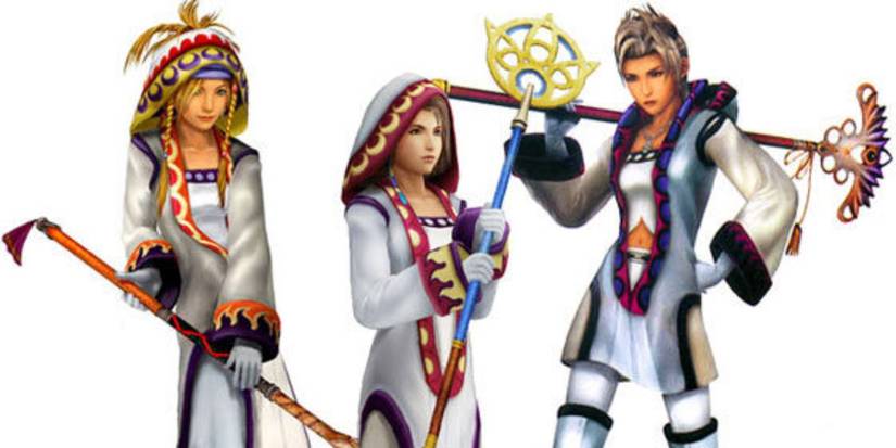final fantasy x-2 yuna, rikku and paine in white mage dressphere