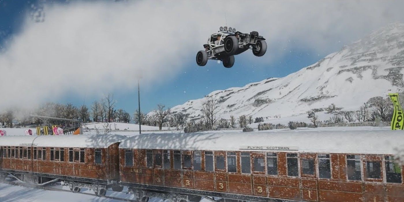 Forza Horizon 4 Ariel Nomad jumping across train cinematic