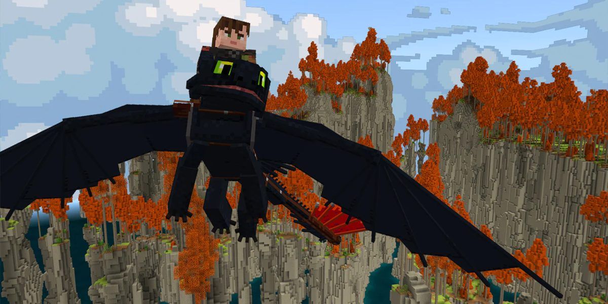Hiccup flying Toothless in the HTTYD Minecraft dlc