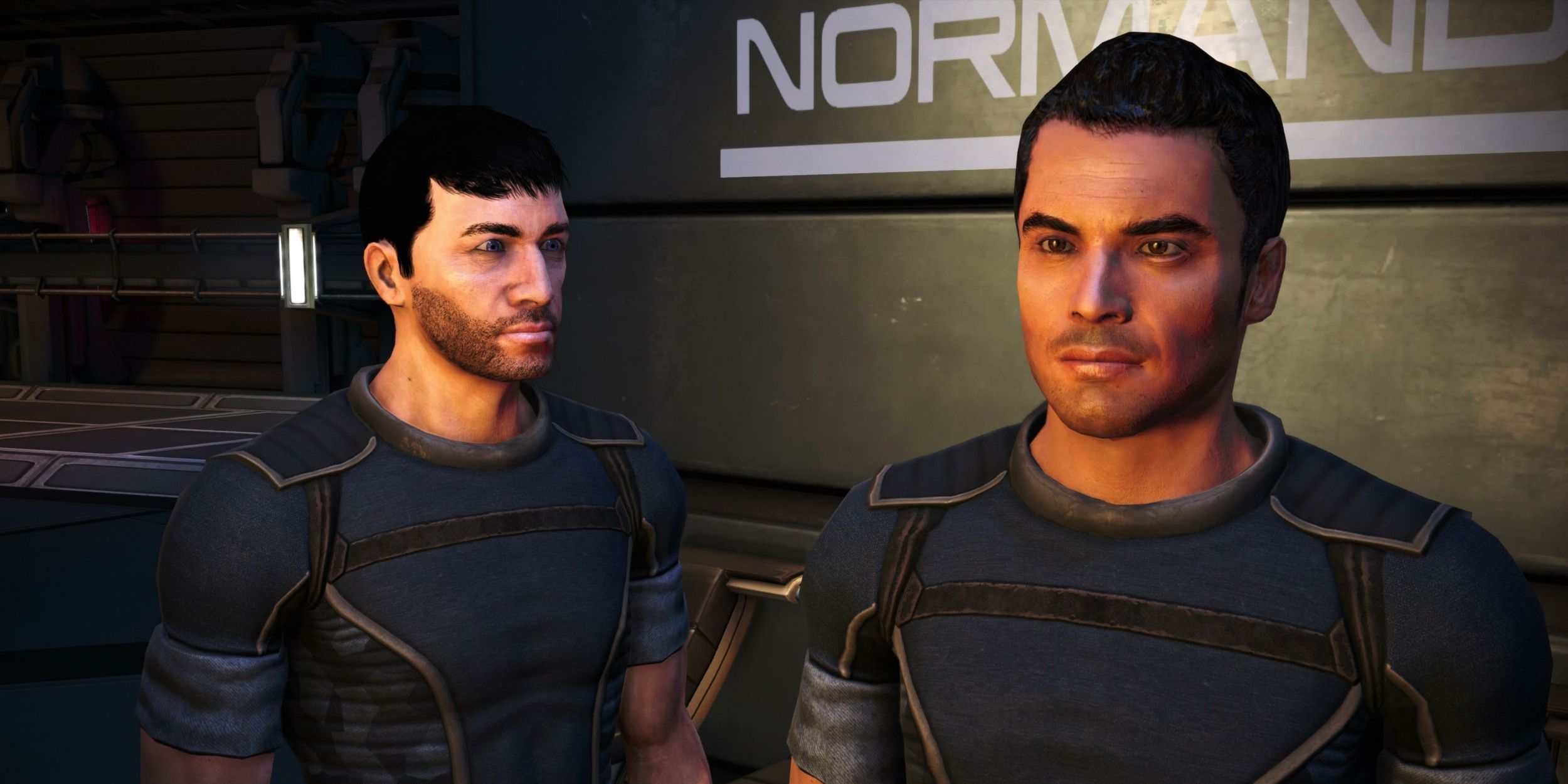 Shepard and Kaidan stand in the Normandy in the Mass Effect Legendary Edition