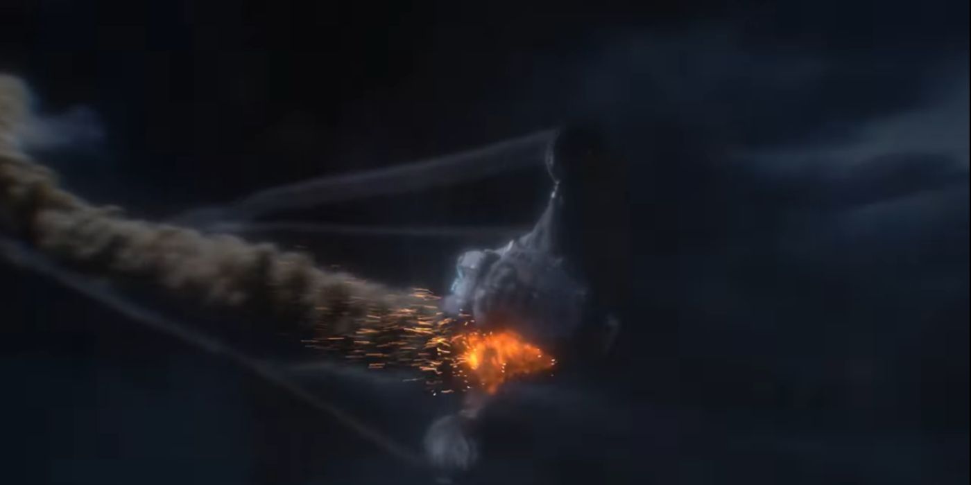 A ship plummets with one wing on fire