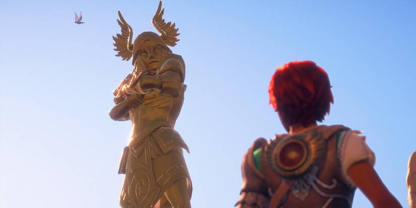 A statue of Athena holds the Helmet of Bright Divinity in Immortals: Fenyx Rising