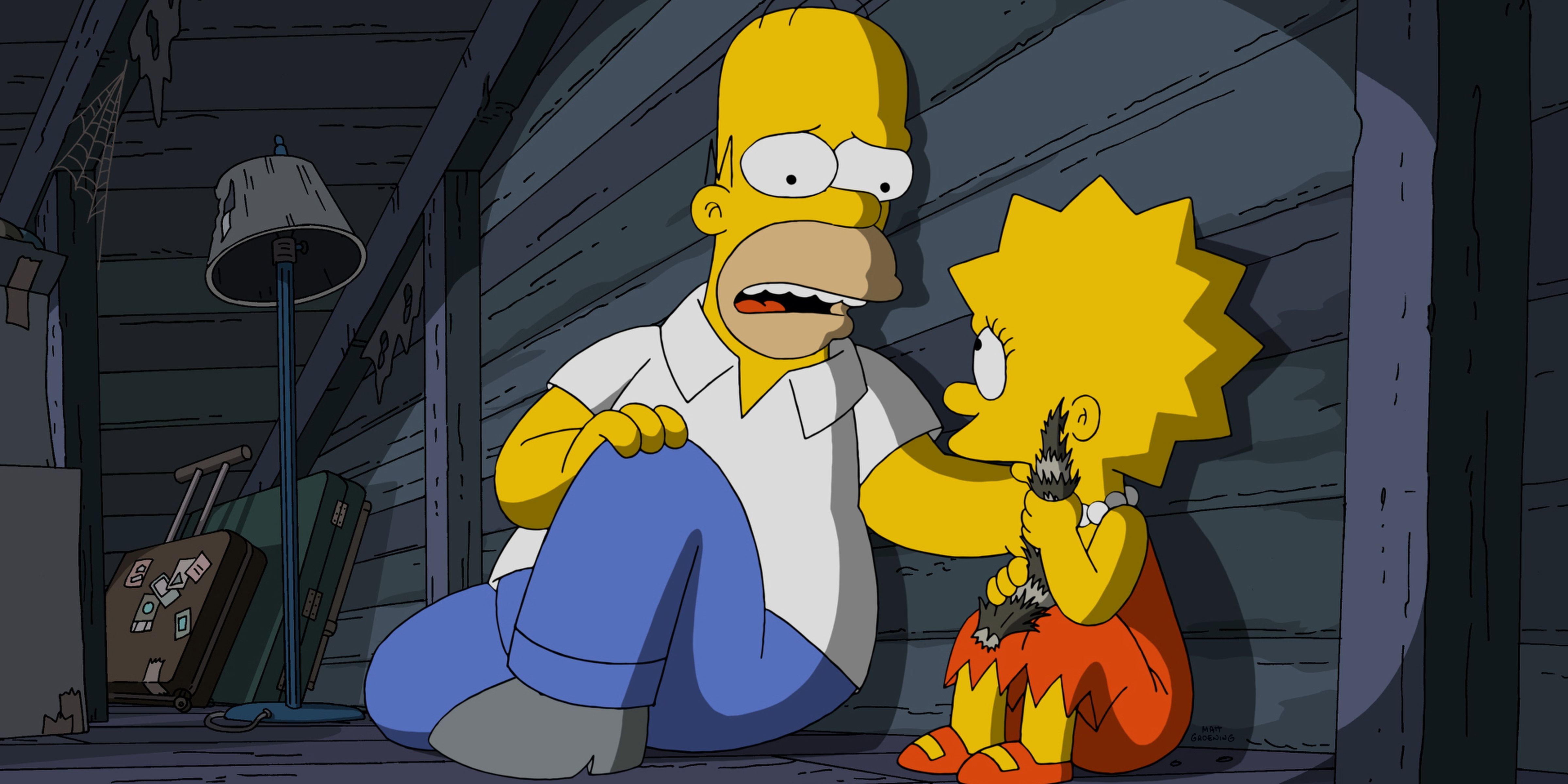 Гомер и Лиза прячутся на чердаке в Хэллоуин ужасов