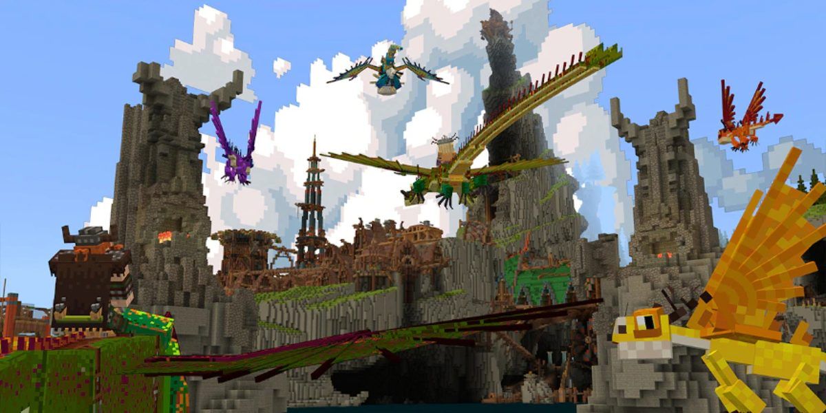 Various dragons surround Berk in the How to Train Your Dragon Minecraft DLC