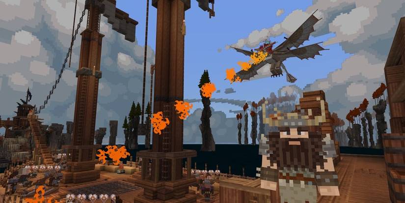 Dragon attacking a ship in the How to Train Your Dragon Minecraft DLC