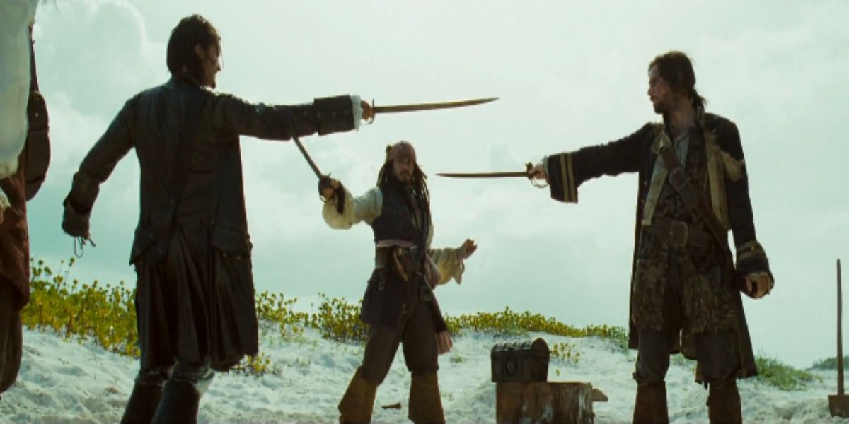 Jack, Will and James Norrington pointing their swords at each other