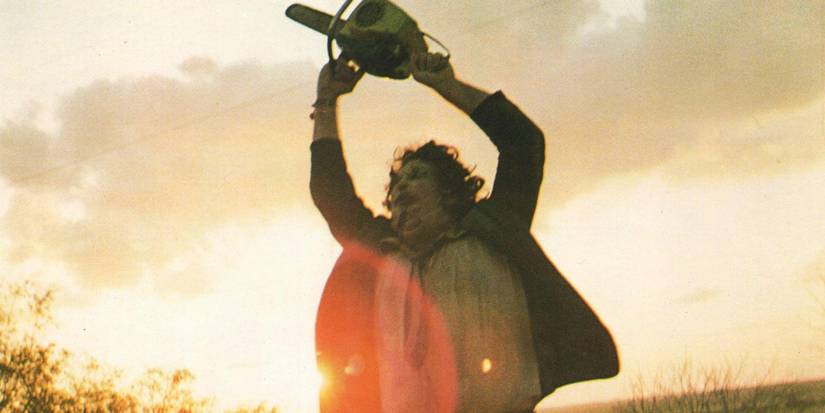 Leatherface swinging his chainsaw around in The Texas Chain Saw Massacre