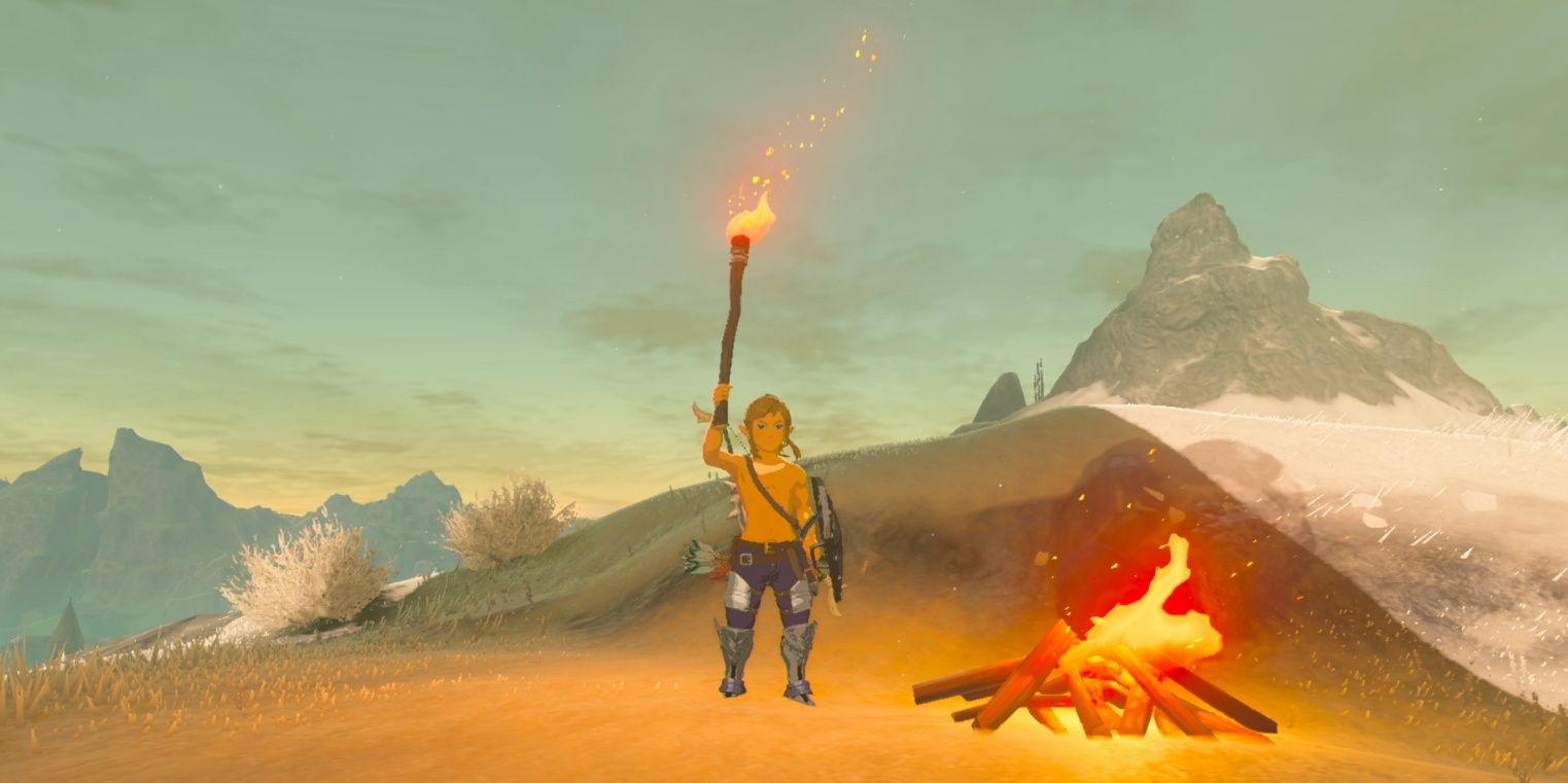 Link with a torch near a campfire in Breath of the Wild