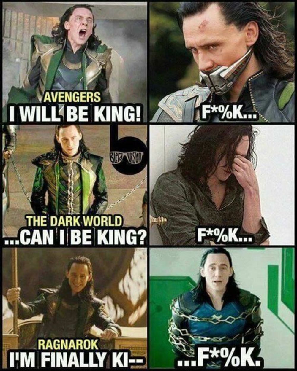 Мем MCU о том, как Локи пытается быть королем в разных фильмах