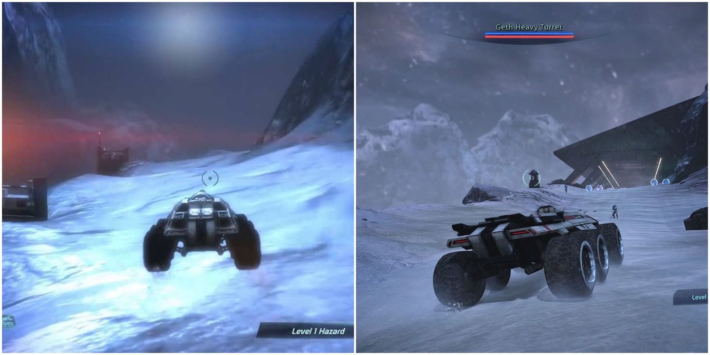 The Mako traverses a mountain on Noveria in Mass Effect