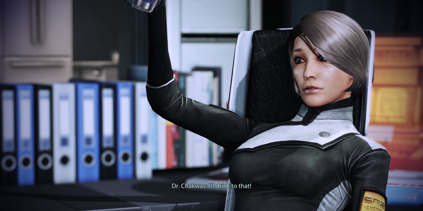 Mass Effect Legendary Edition Screenshot Of Dr. Chakwas Drinking