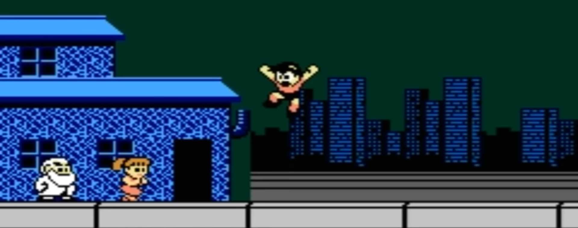 Mega Man Gameplay Dr. Light and Roll (left), Jumping Mega Man (Center)