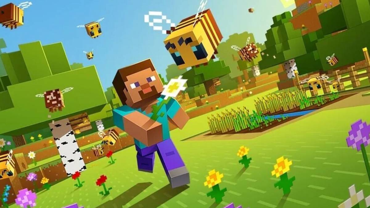 Steve chasing a bee in Minecraft