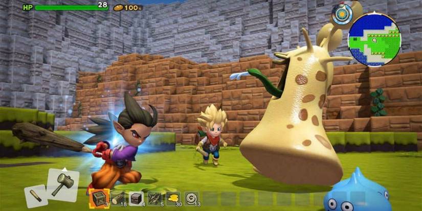 The player battles monsters in the wild of Dragon Quest Builders 2