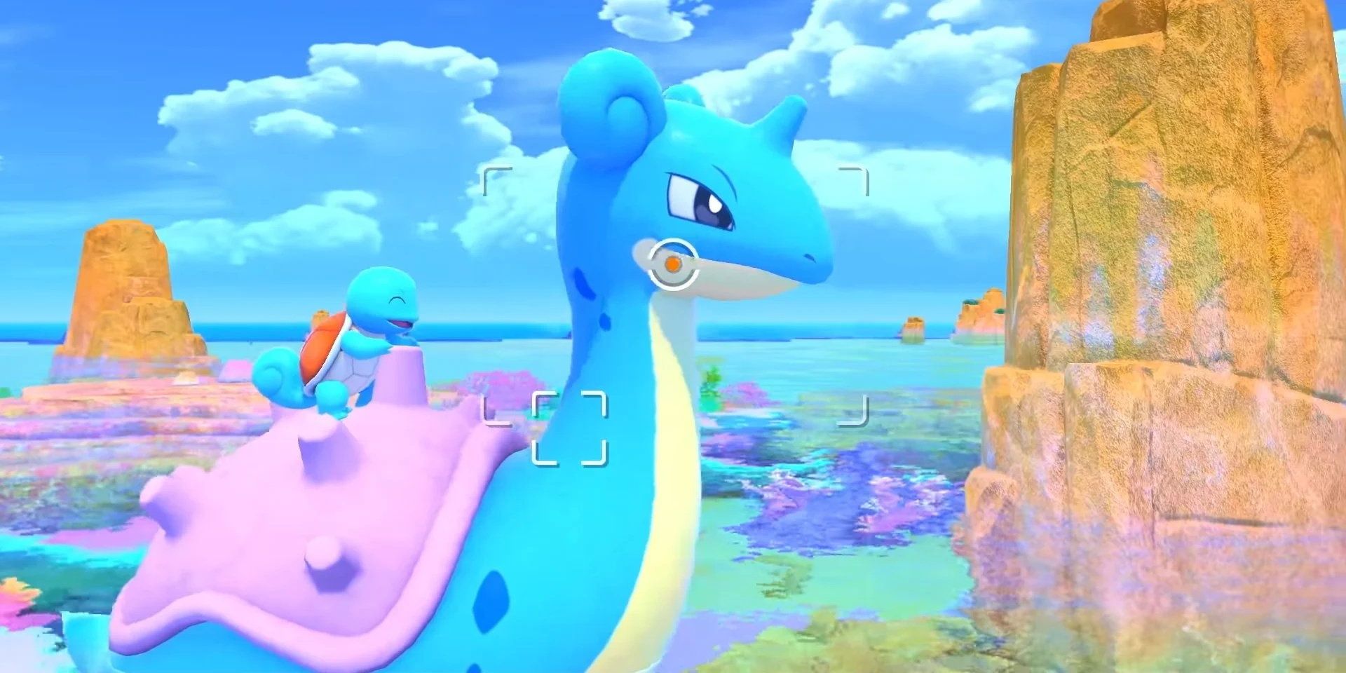 Squirtle excited on the back of Lapras in New Pokemon Snap